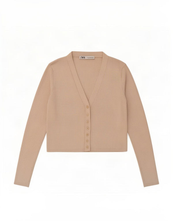 Top cardigan corto da donna Zara UK 14 grande in viscosa beige