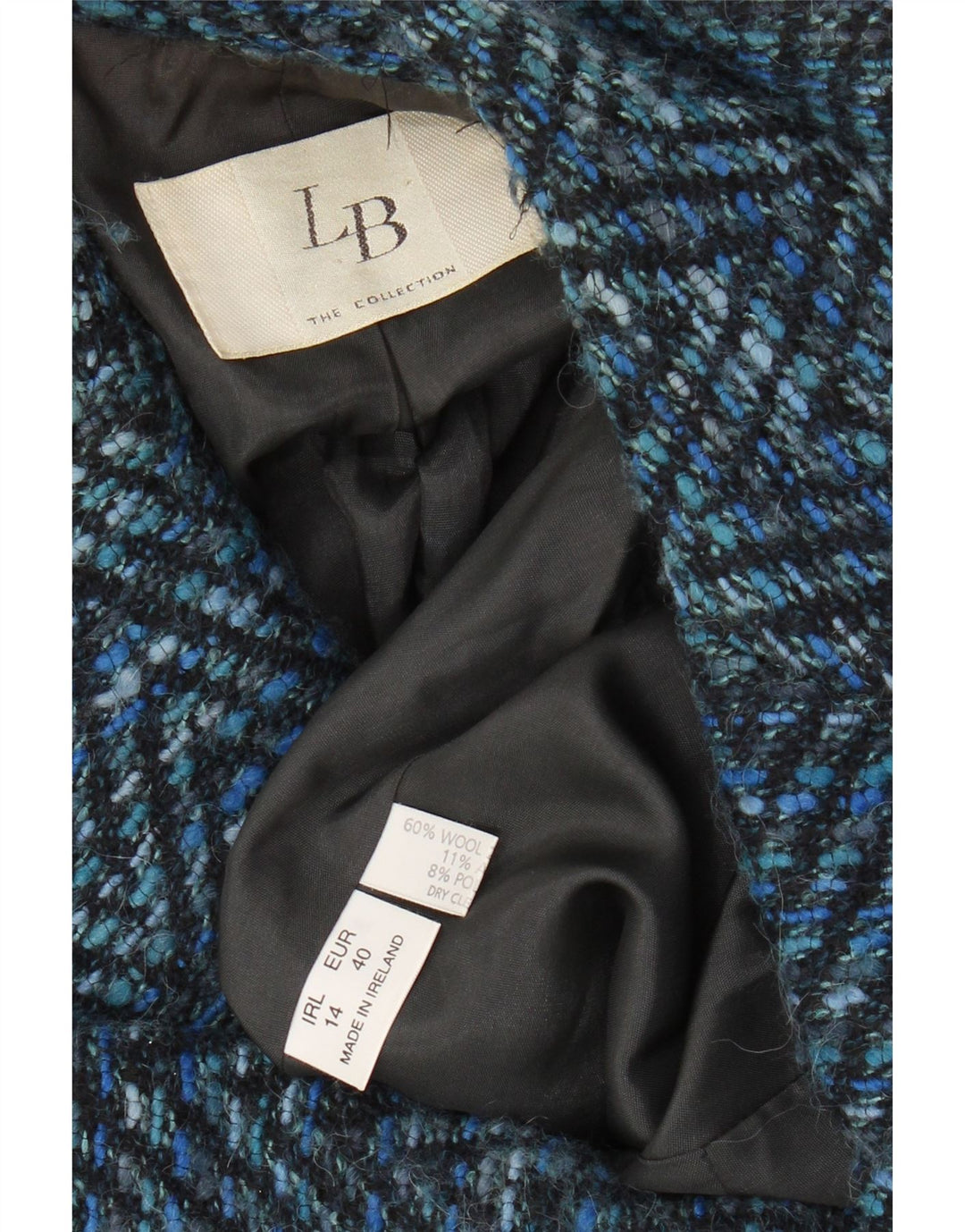 Giacca blazer da donna a 3 bottoni VINTAGE UK 14 lana Chevron blu medio