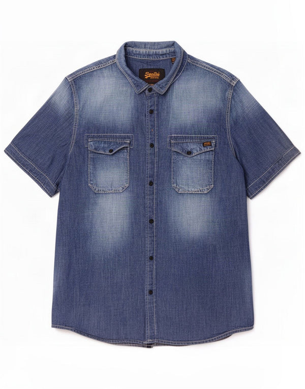 Camicia di jeans da uomo a maniche corte lavaggio acido Superdry 2XL Blu Cotone