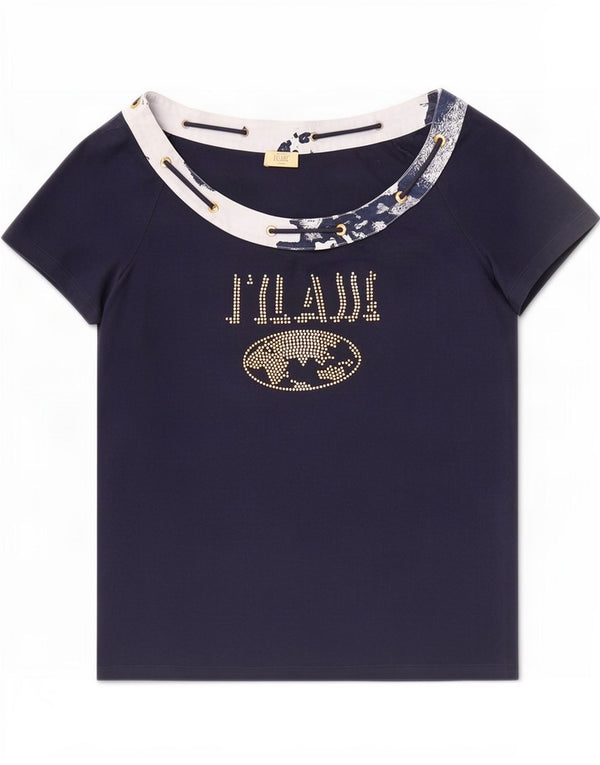 ALVIERO MARTINI Womens Graphic T-Shirt Top UK 20 2XL Navy Blue Colourblock