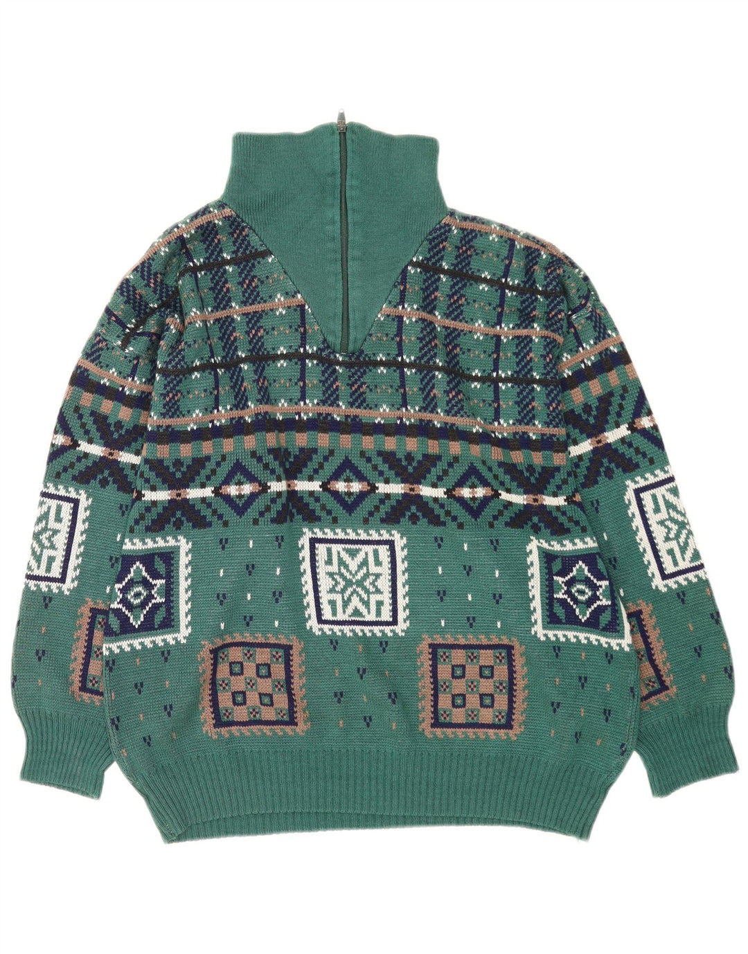 Maglione vintage da uomo con zip e collo in poliacrilico geometrico verde grande