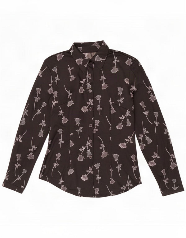 Camicia camicia vintage da donna UK 12 Poliestere nero medio floreale