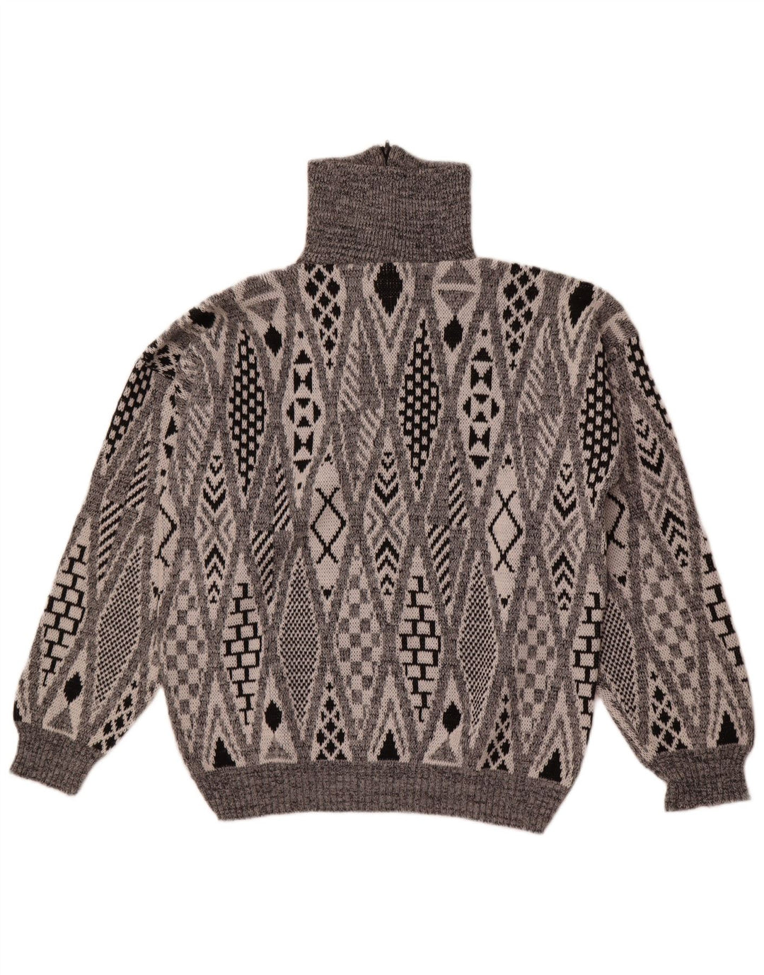 Maglione vintage da uomo con zip sul collo, grande acrilico geometrico grigio