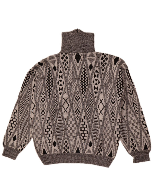 Maglione vintage da uomo con zip sul collo, grande acrilico geometrico grigio