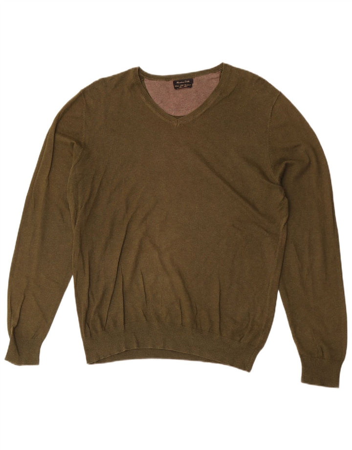 Massimo Dutti Maglione da uomo con scollo a V in cotone kaki medio