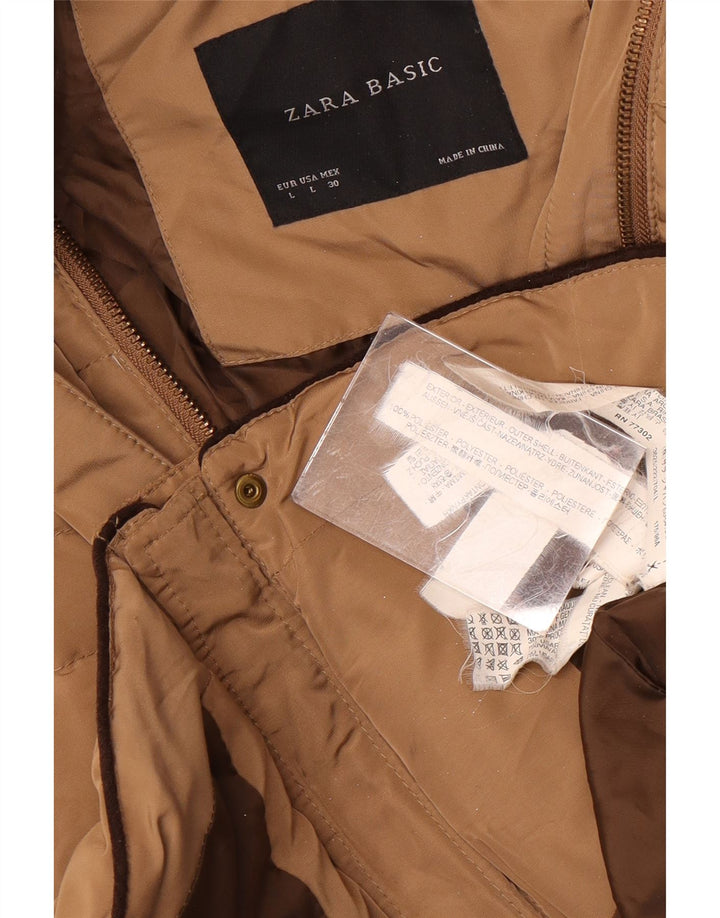 Giacca imbottita con cappuccio da donna Zara UK 14 grande marrone poliestere