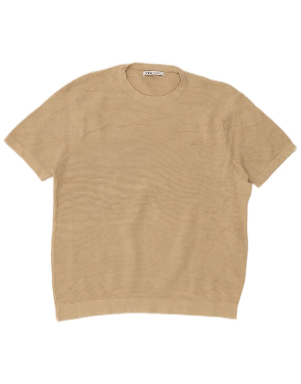 Maglione girocollo a maniche corte da donna Zara UK 10 piccolo cotone beige