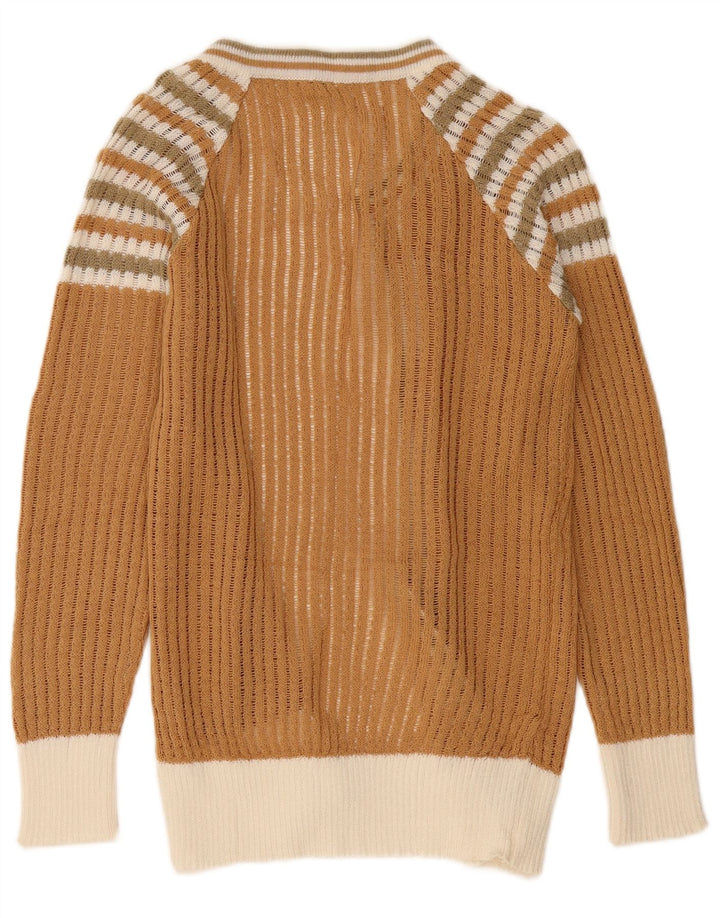 Maglione cardigan aperto da donna vintage UK 10 piccolo poliammide a righe marroni