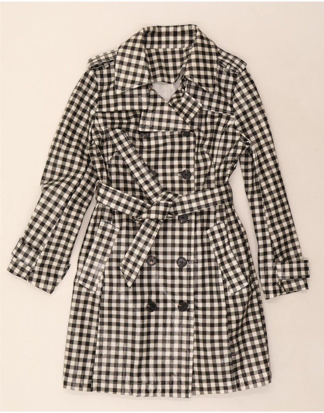 Trench vintage da donna UK 12 medio nero a quadretti