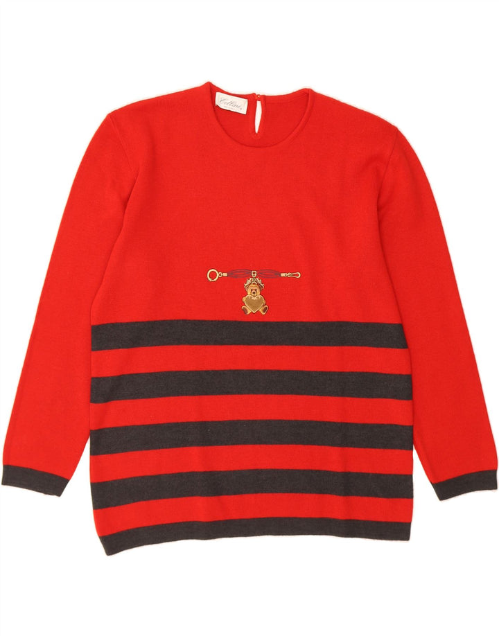 CELLINI Womens Crew Neck Jumper Sweater IT 44 Medium Red Striped Vintage Cellini and Second-Hand Cellini from Messina Hembry 