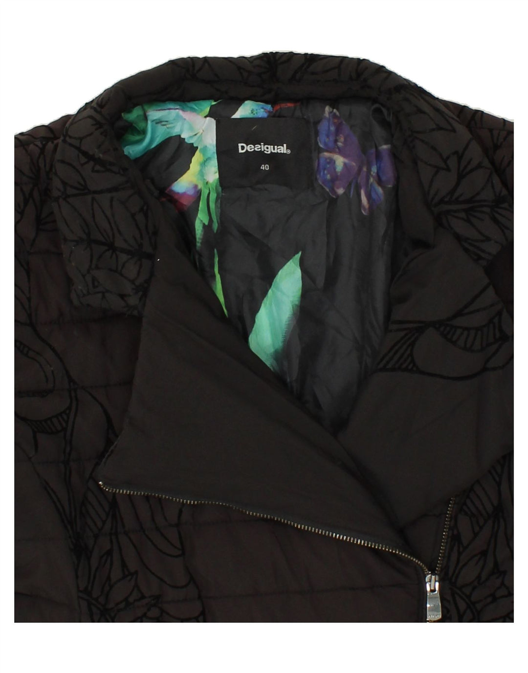 DESIGUAL Womens Abstract Pattern Padded Coat EU 40 Medium Black Polyester Vintage Desigual and Second-Hand Desigual from Messina Hembry 