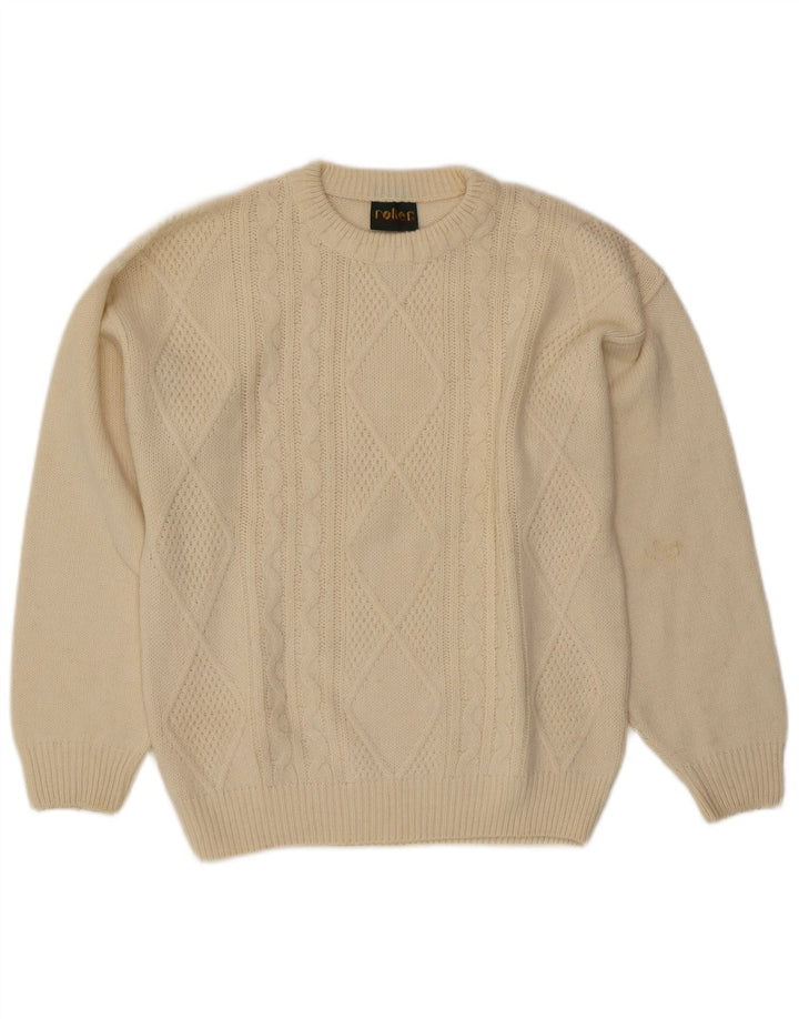 Maglione girocollo da uomo vintage, grande, in lana a rombi/diamante bianco sporco