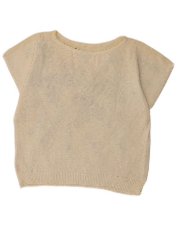 Top corto da donna vintage in camicetta UK 14 medio bianco sporco floreale