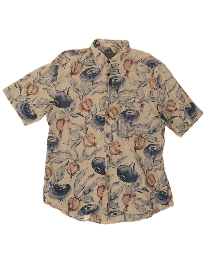 Camicia a maniche corte vintage da uomo con motivo astratto, grande in cotone beige