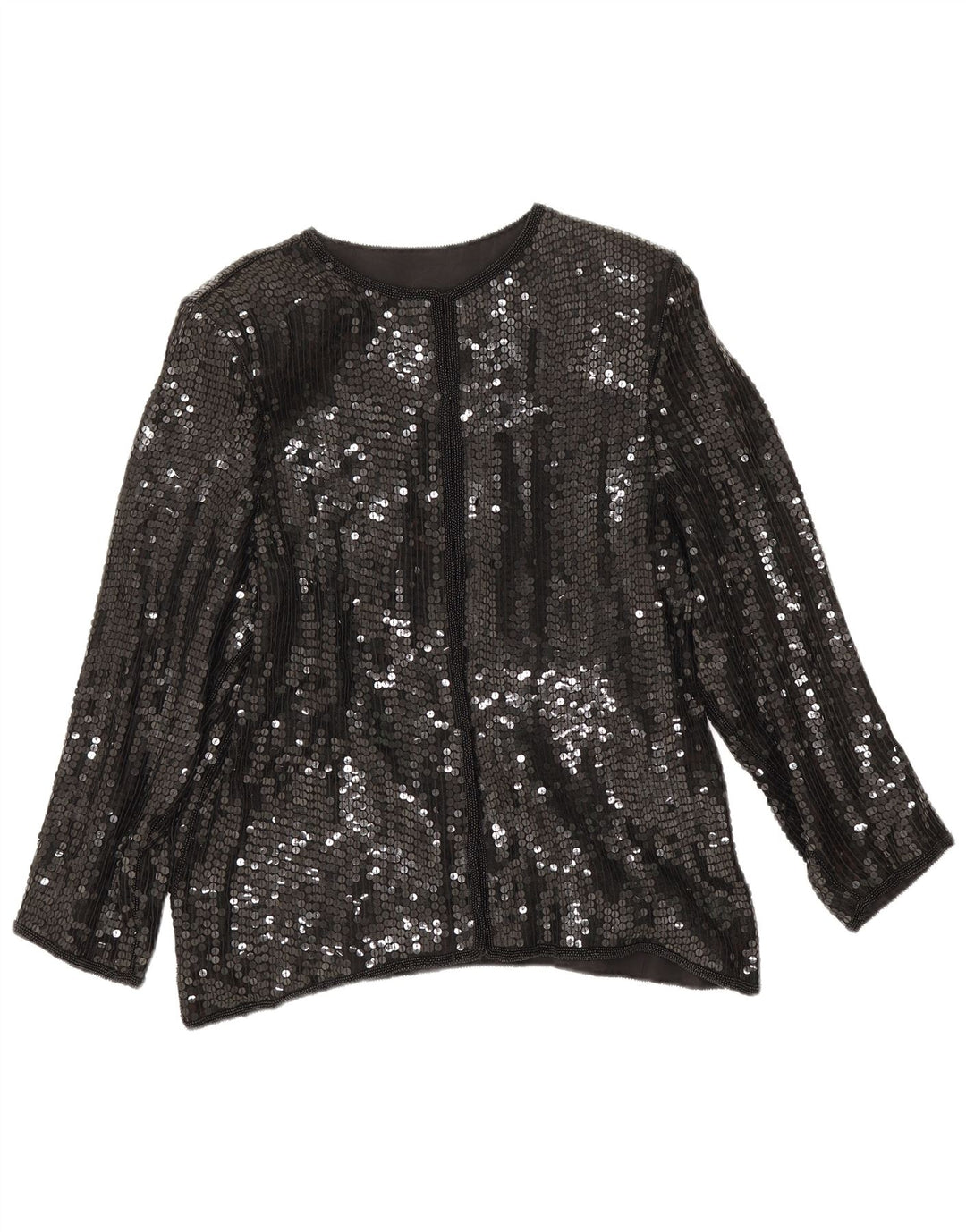 Camicetta camicia vintage con paillettes da donna UK 14 seta nera media