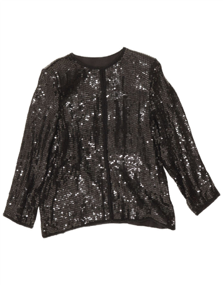 Camicetta camicia vintage con paillettes da donna UK 14 seta nera media