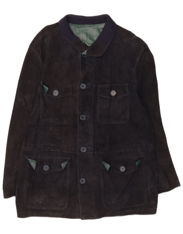 Giacca vintage in pelle scamosciata da uomo IT 50 grande in pelle blu navy