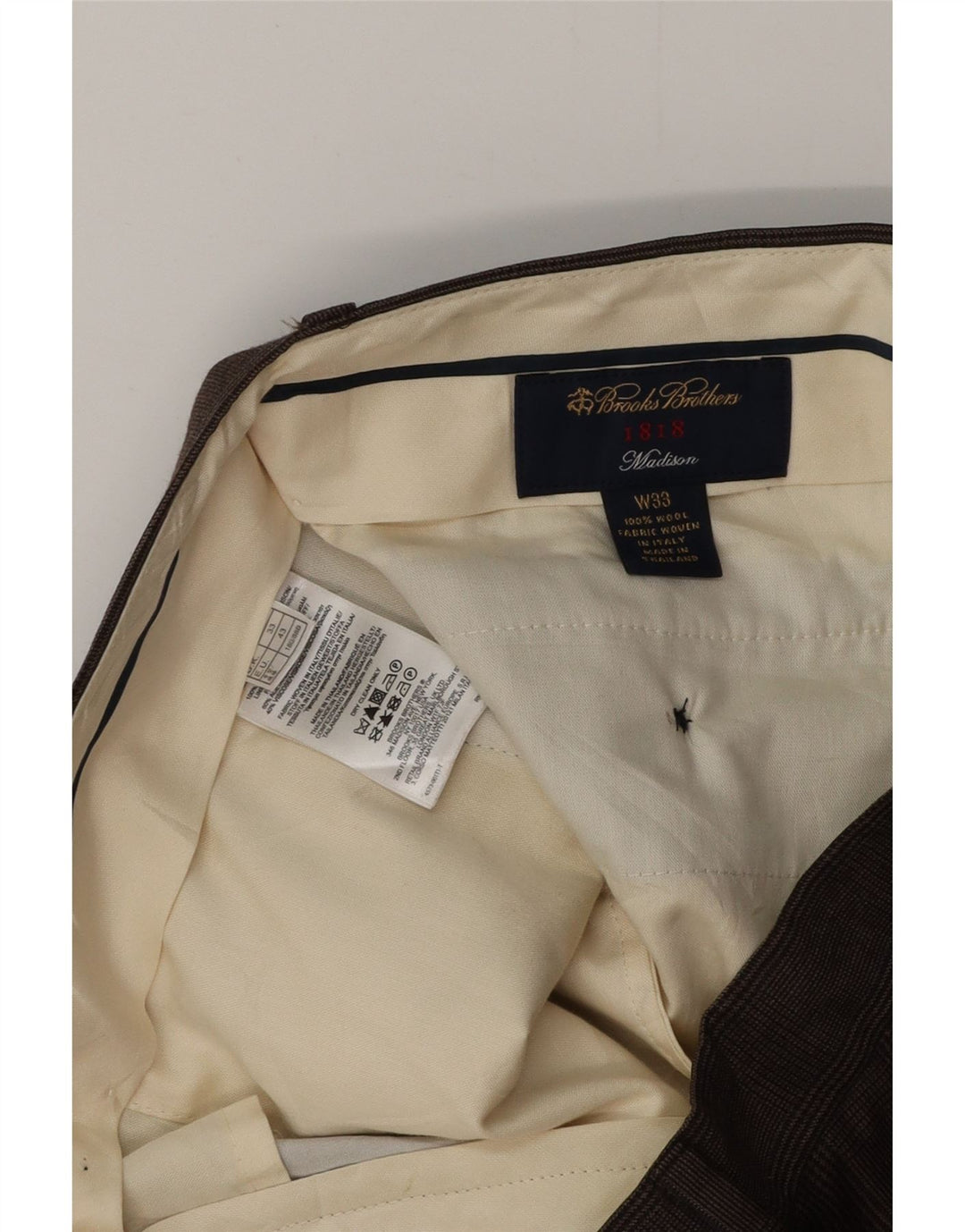BROOKS BROTHERS Pantaloni da abito da uomo con pegging Madison W33 L31 lana a quadri marrone