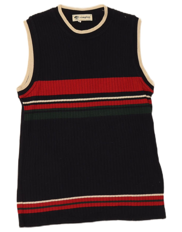 Vintage Womens Vest Tank Top UK 14 Large Black Striped Cotton