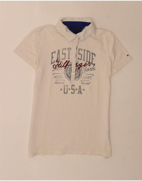 Polo grafica da donna Tommy Hilfiger USA UK 14 grande cotone bianco