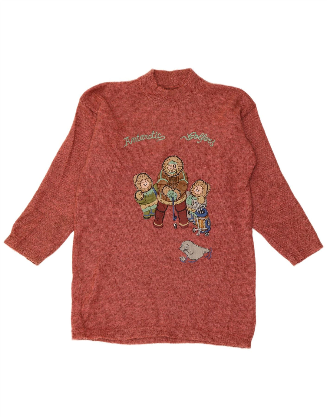Maglione maglione collo alto con grafica da donna VINTAGE UK 14 marrone medio