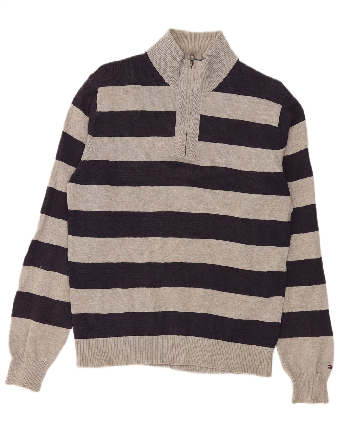 Tommy Hilfiger Maglione da uomo con zip e collo in cotone a righe grigio medio