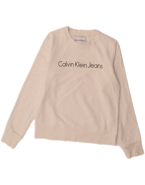 Felpa grafica da donna Calvin Klein Jeans Maglione UK 10 Small Bianco