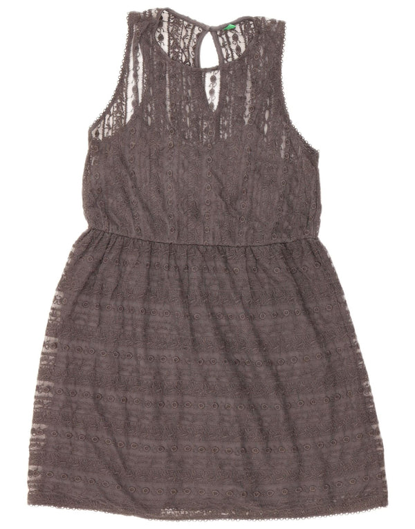 Abito a trapezio in pizzo senza maniche da donna Benetton UK 10 Piccolo grigio floreale