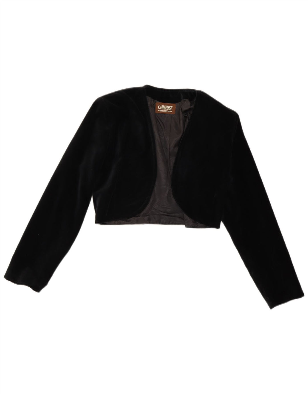Giacca bolero aperta in velluto da donna vintage UK 14 poliestere nero medio