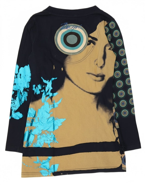 Desigual Donna Graphic Top Manica Lunga UK 10 Small Blu Navy