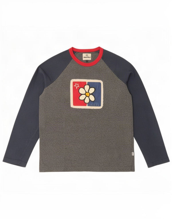 Top grafico da donna Guru a maniche lunghe UK 14 Cotone color block grigio medio