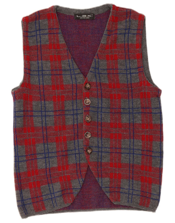 Maglione cardigan senza maniche vintage da uomo piccolo in lana a quadri grigi