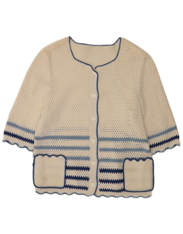 Vintage Womens Short Sleeve Cardigan Sweater UK 16 Large White Striped