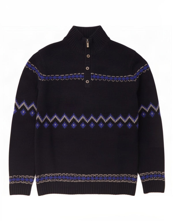 Massimo Dutti Maglione da uomo con collo a bottoni, grande, blu navy, Fair Isle