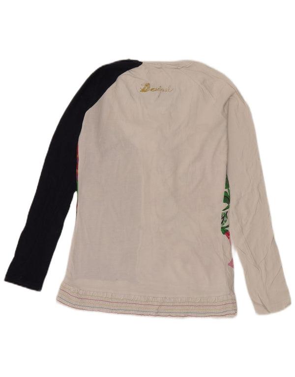 Desigual Donna Graphic Top Manica Lunga UK 12 Medio Bianco Floreale