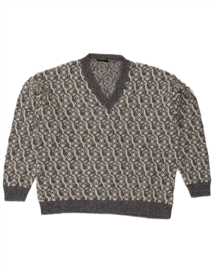 Maglione vintage da uomo con scollo a V, grande lana geometrica grigia