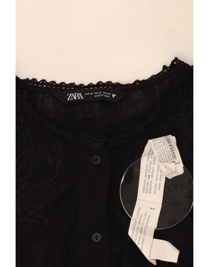 Zara camicia camicetta da donna UK 14 poliestere nero medio floreale
