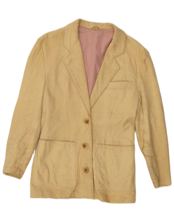 Giacca blazer in pelle vintage da donna a 3 bottoni UK 10 piccola gialla