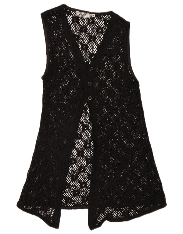 Top cardigan trasparente senza maniche da donna vintage UK 12 medio nero