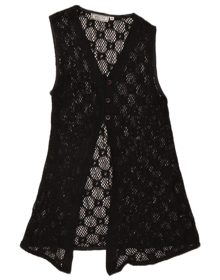 Top cardigan trasparente senza maniche da donna vintage UK 12 medio nero