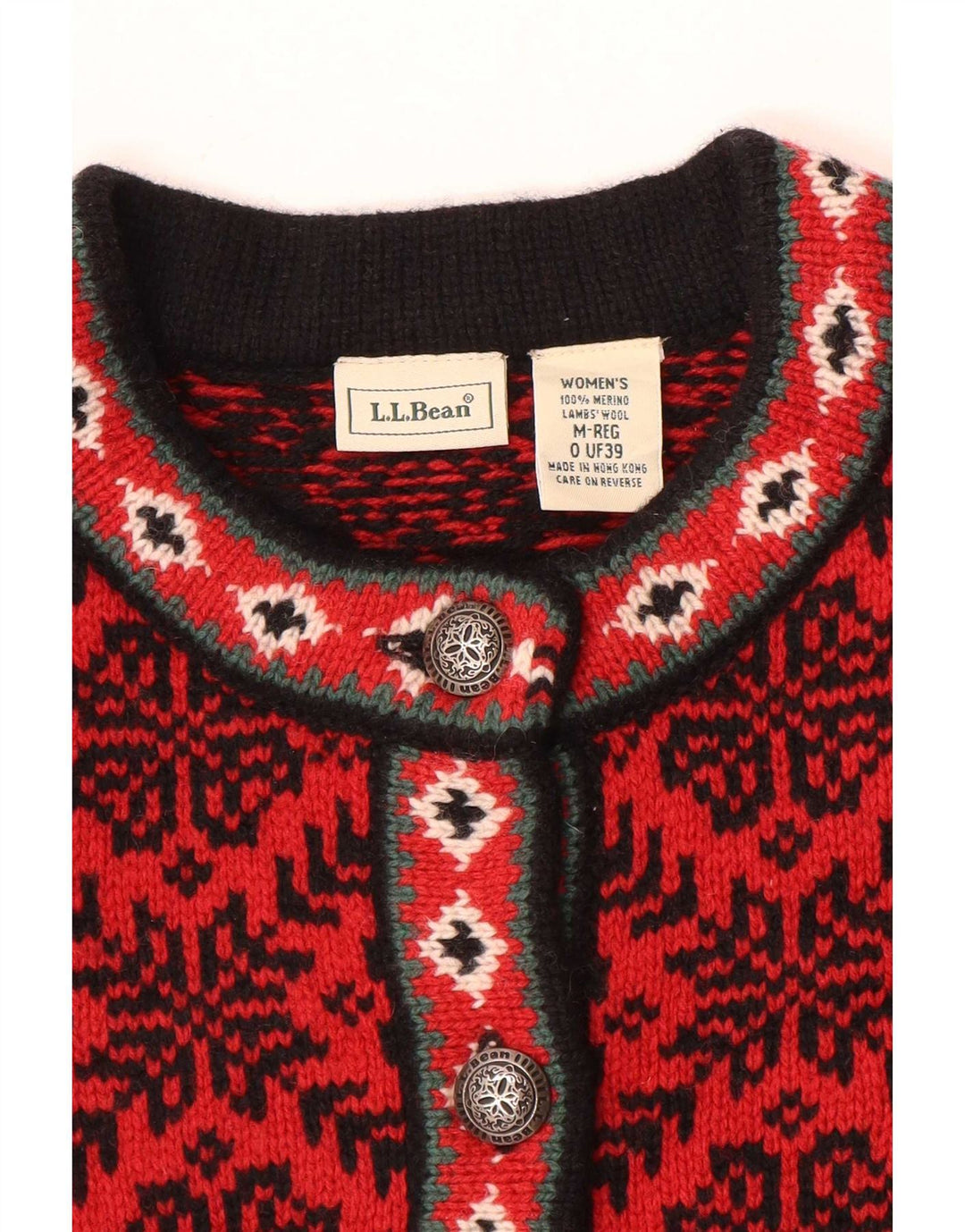 Maglione cardigan da donna L.L.Bean UK 14 Lana Fair Isle rossa media