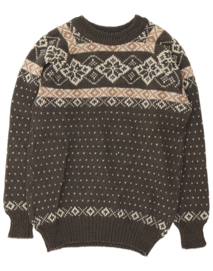 Maglione maglione girocollo da uomo vintage piccolo marrone Fair Isle