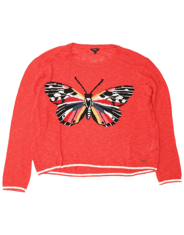 PEPE Jeans Womens Boat Neck Jumper Sweater UK 16 Large Red Butterfly