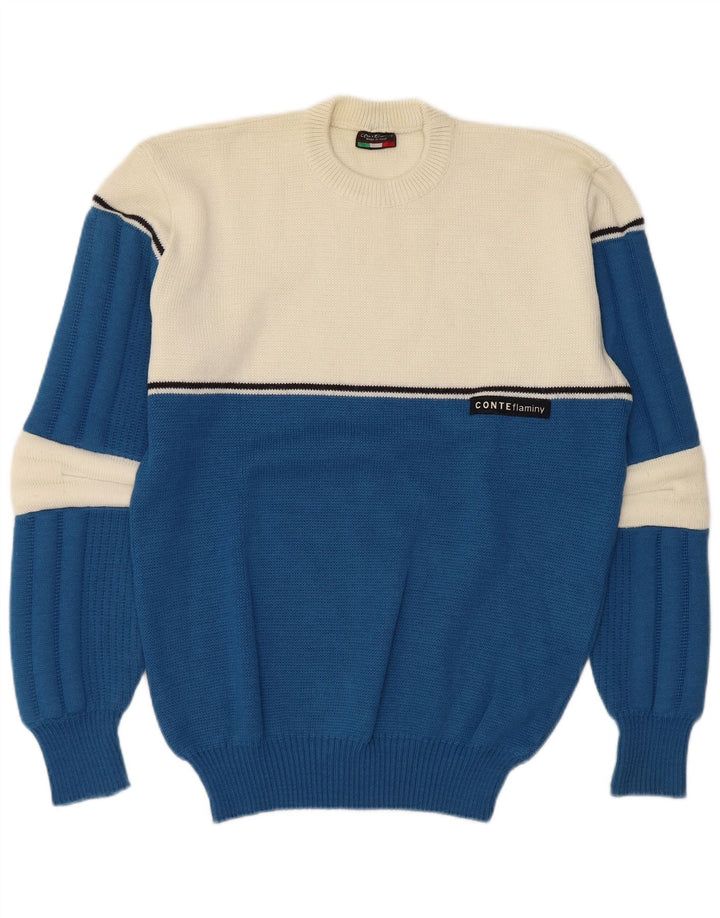 Maglione girocollo da uomo vintage in lana color block blu grande