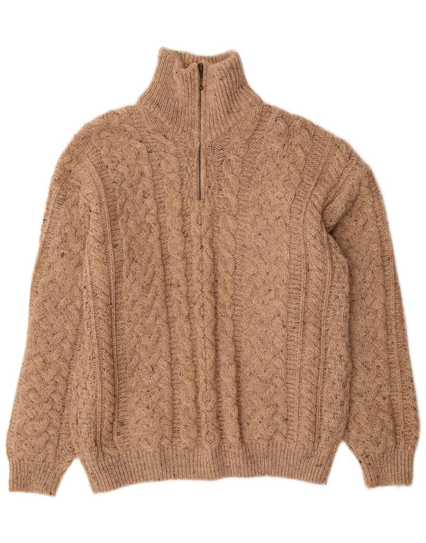 Carraig Donn Maglione da uomo con vestibilità ampia e collo con zip, piccolo, in lana vergine beige