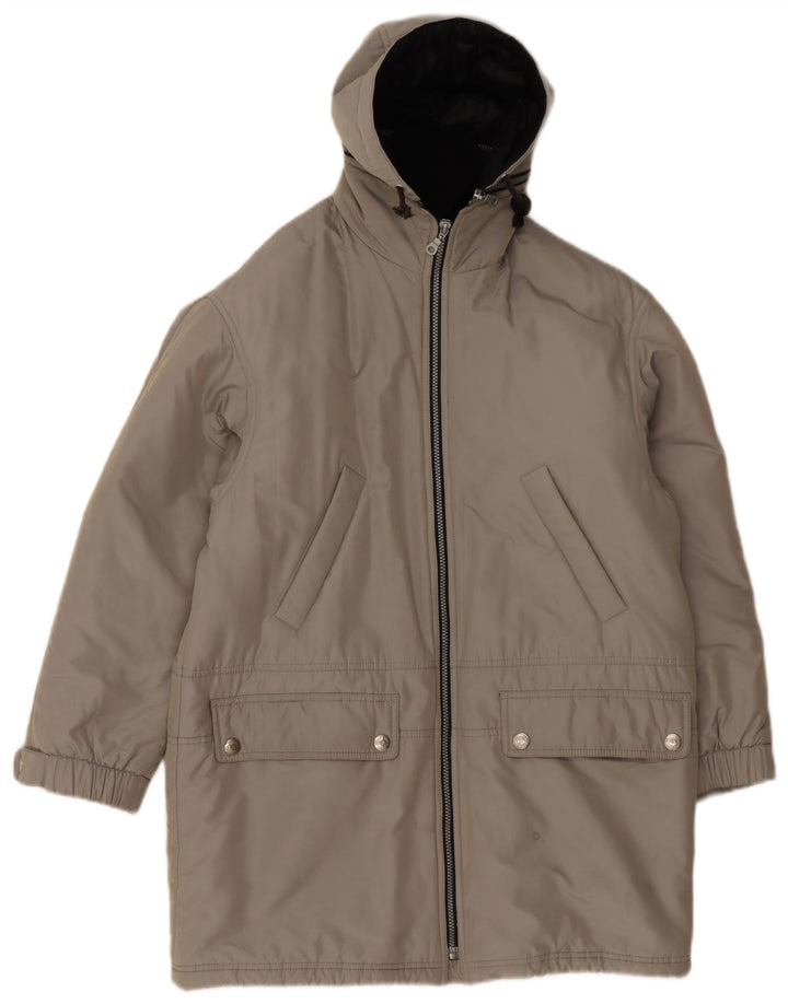 Cappotto imbottito oversize con cappuccio da donna vintage UK 10 piccolo poliestere grigio