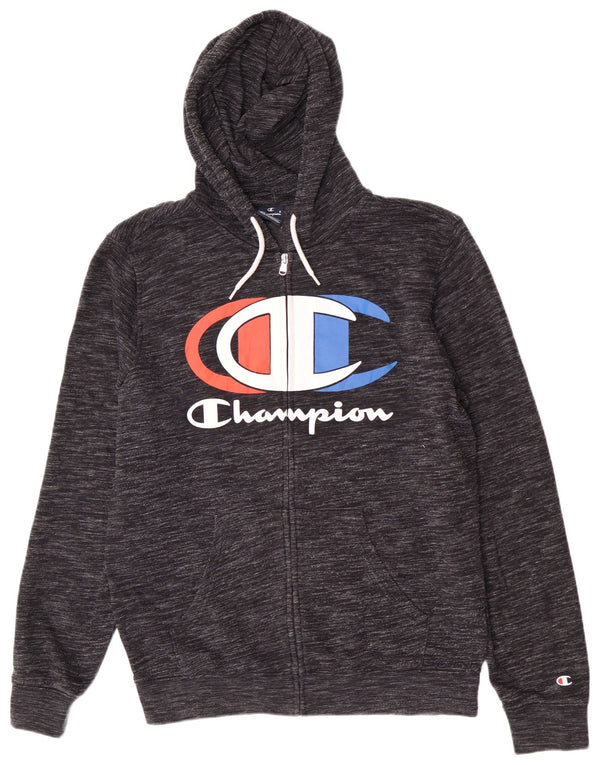 Maglione con cappuccio e zip grafica da uomo Champion, grande cotone chiazzato grigio