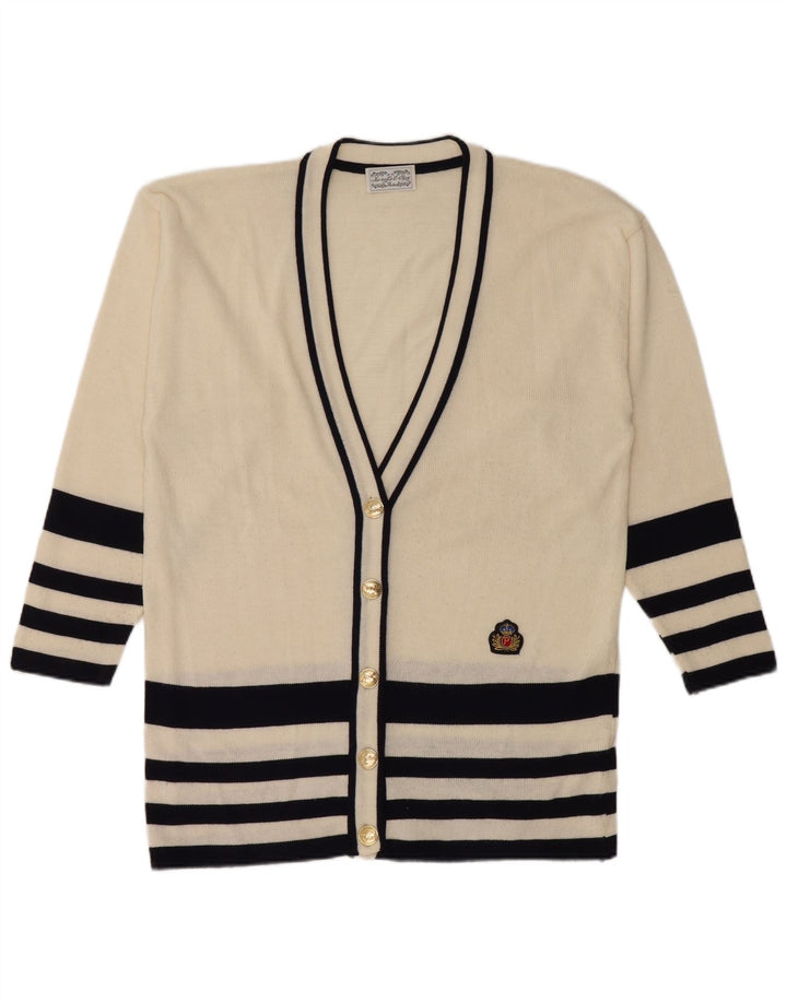 Maglione cardigan da donna vintage UK 14 cotone a righe bianco sporco medio