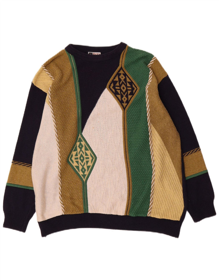 Maglione maglione girocollo vintage da uomo XL multicolore a blocchi di colore
