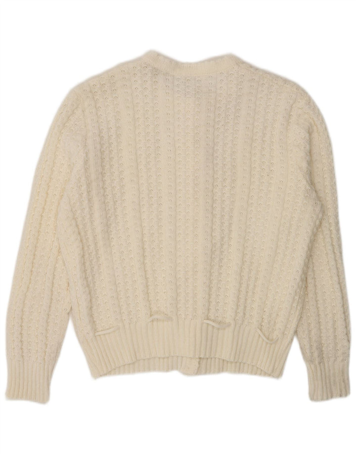 Maglione cardigan da donna vintage UK 16 grande poliacrilico bianco
